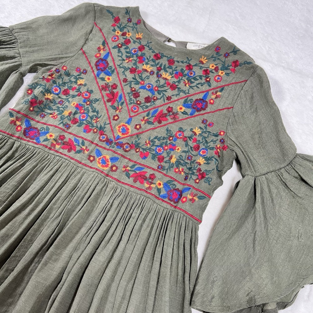 Umgee USA Dress Women Small Green Mandy & Ally Embroider Bell Sleeve Boho Hippie